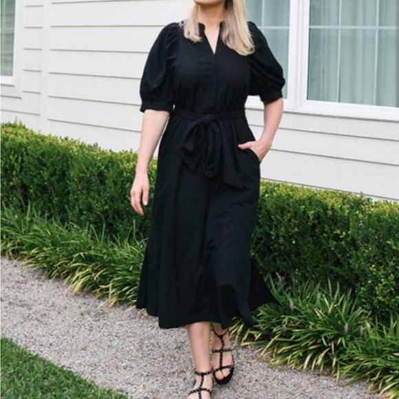 Ann Taylor Medium Black Linen blend Belted Midi Shirtdress Puff Sleeves - Picture 3 of 12